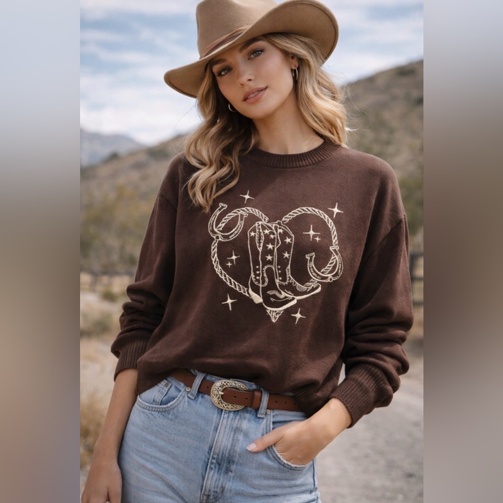 Western Cowgirl Embroidered Sweater Brown Boots Horseshoe Knit Boho Cozy Size L